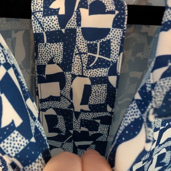 J. McLaughlin Belle Blue White Geometric Tulip Maxi Shirt Dress Sz L Cottagecore - Picture 7 of 8